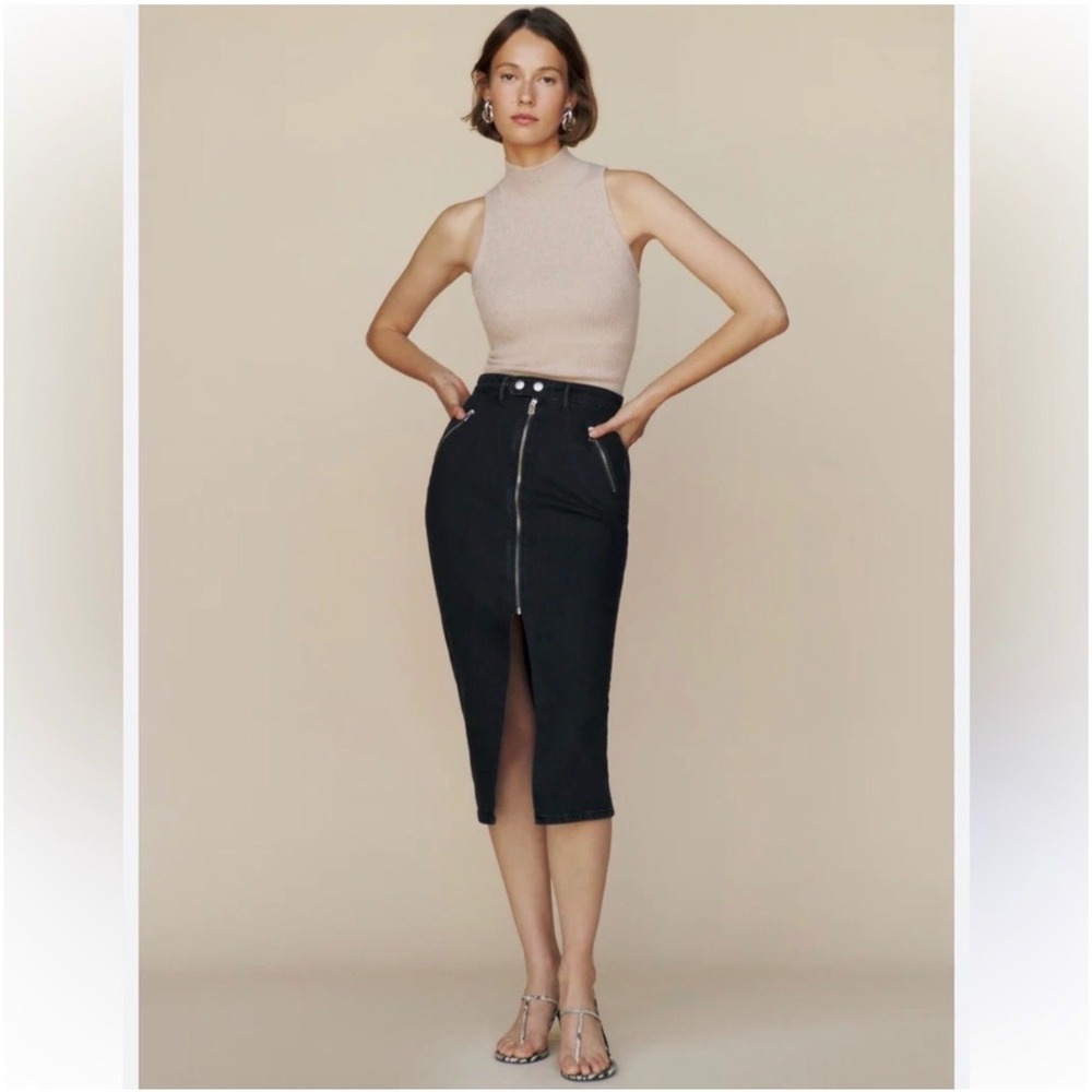 NWT Reformation Leilani Denim Midi Skirt‎ Black Zip Front Size 27